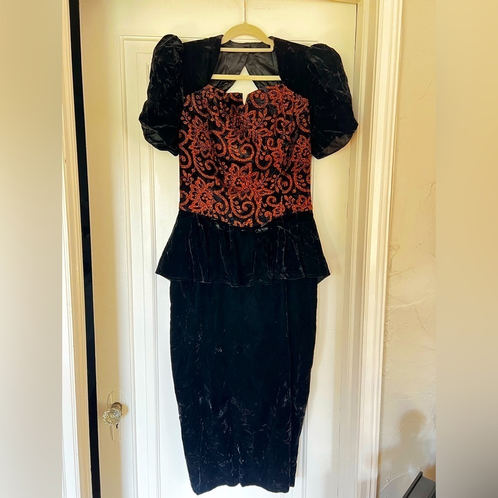 Vintage Scott McClintock Black Velvet Evening Gown Puff Sleeve Dress 80s Size 12